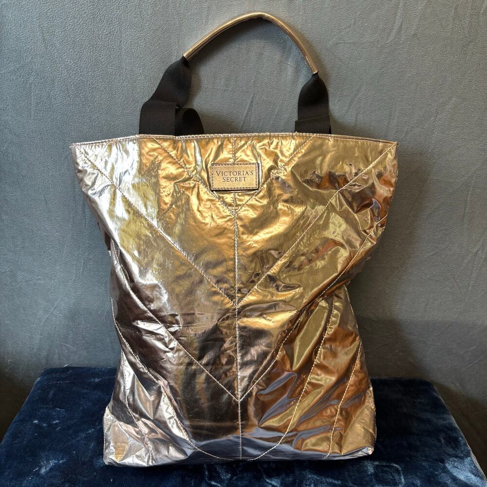 Victoria's Secret Tote Bag Rose Gold Shiny Preppy Soft Quilted Oversized Beachy